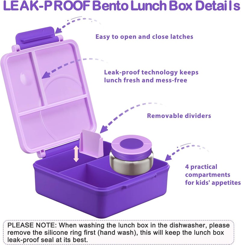 Howeemo Bento Lunch Box Set for Kids with 8oz Soup Thermo, Leak-Proof Lunch Containers with 4 Compartment, Kids Thermo Hot Food Jar and Insulated Lunch Bag for Kid to School-Purple - Image 5